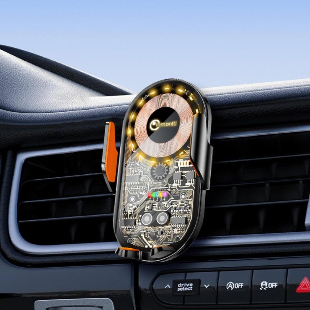 Lemontti Suport Auto cu incarcare Wireless, 15W, deschidere automata prin senzor infrarosu, prindere la ventilatie, cablu Type-C inclus, Transparent Negru - Accesorii