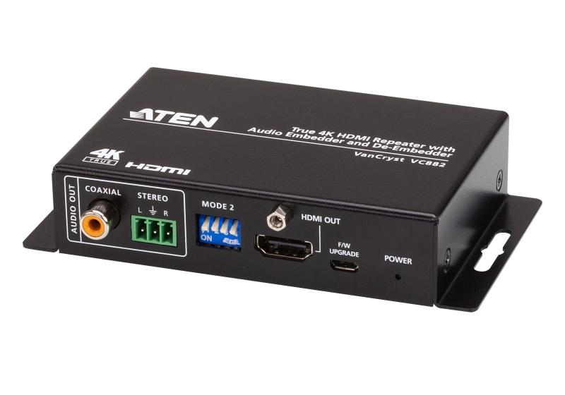 Repeater ATEN VC882: Tipul: Repeater AV, Rezoluţia maximă: 4096 x 2160 Pixel, Maximă de transfer de la distanţă: 5 m. Tehnologia de conectare: Prin cablu, Conector USB: Micro-USB, Intrare audio: 3-pin terminal. Lățime: 82,2 mm, Adâncime: 122,2 mm, Înălţime: 25 mm. Lăţime de ambalaj: 59 mm, Adâncimea