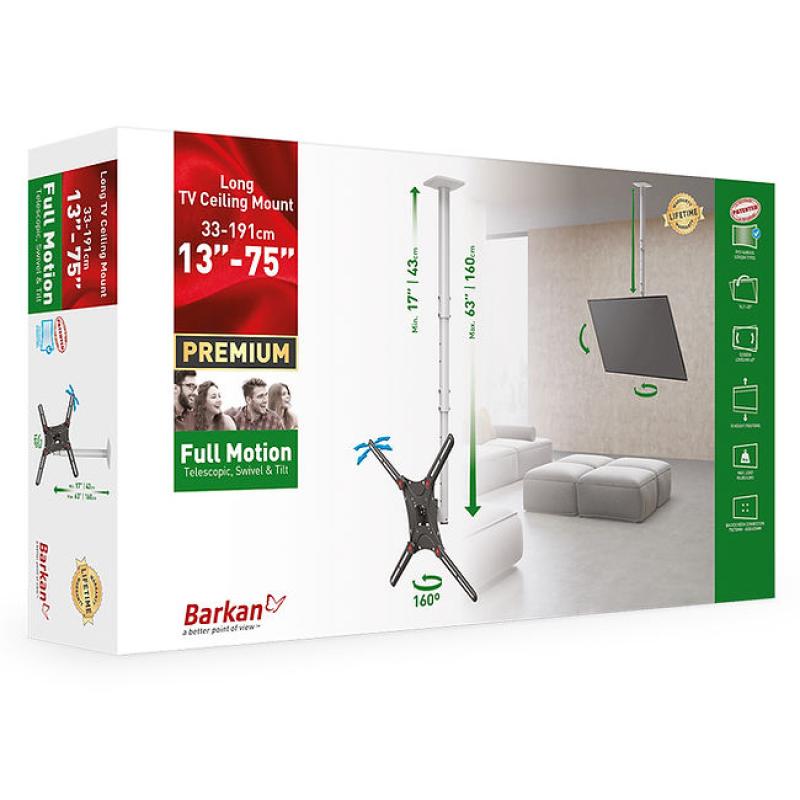 Suport tavan LCD/Plasma plat/curbat Barkan, 4500L,13-86″, 3 miscari: Telescopic, Swivel, Tilt, VESA & Non VESA, max. 400x400mm, max. 56Kg, argintiu - Promotii
