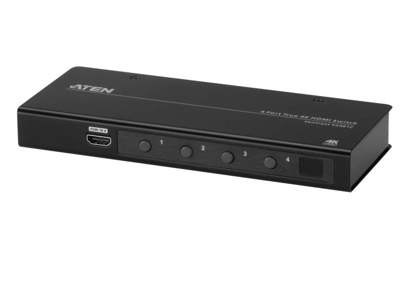 Switch HDMI True 4K ATEN VS481C-AT-G; numar porturi 4, Material: Metal, Rată maximă de reîmprospătare: 60 Hz; rezolutie maxima 4096 x 2160 Consum de energie (tipic): 0,924 W. Lățime: 82,1 mm, Adâncime: 200 mm, Înălţime: 25 mm. Lăţime de ambalaj: 59 mm, Adâncimea de ambalaj: 239 mm, Înălţime de