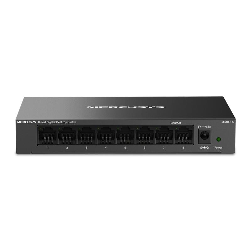 Mercusys MS108GS. Switch type: Unmanaged. Basic switching RJ-45 Ethernet ports type: Gigabit Ethernet (10/100/1000), Basic switching RJ-45 Ethernet ports quantity: 8. Full duplex. MAC address table: 8000 entries, Switching capacity: 16 Gbit/s. Networking standards: IEEE 802.3, IEEE 802.3ab, IEEE - PC, Periferice & Software
