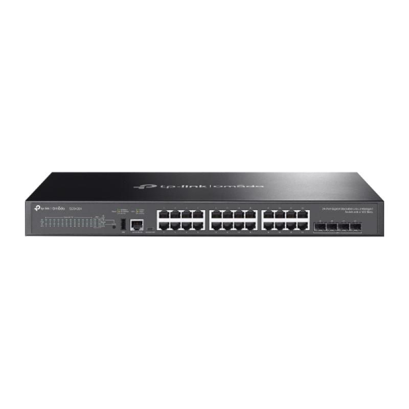 Omada 24-Port Gigabit Stackable Lite L3 Managed Switch with 4 10G Slots PORT: 24× Gigabit RJ45 Ports, 4× 10G SFP+ Slots, RJ45/USB Type C Console Port, 1× USB2.0 Port SPEC: 1U 19-inch Rack-mountable Steel Case FEATURE: Centralized Managed by Omada SDN Controller, Stacking, RIP, OSPF, Static Routing