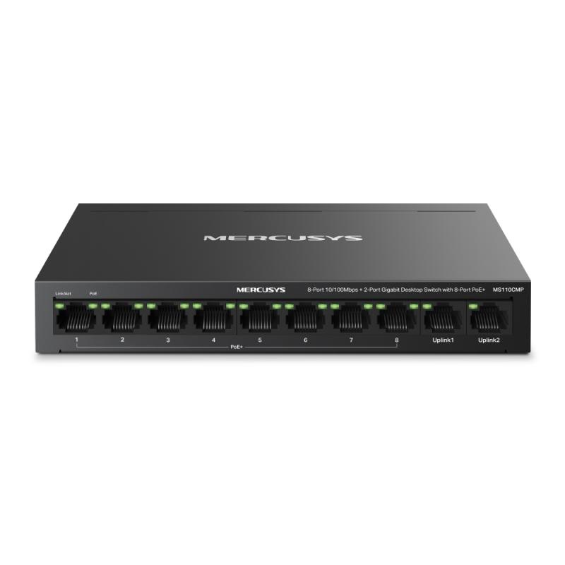Switch desktop Mercusys 8-Port 10/100 Mbps + 2-Port Gigabit Desktop Switch with 8-Port PoE+, IEEE 802.3x Flow Control, 5.6 Gbps, dimensiuni 6.7 × 3.9 × 1.1 in (171 × 98 × 27 mm) - PC, Periferice & Software