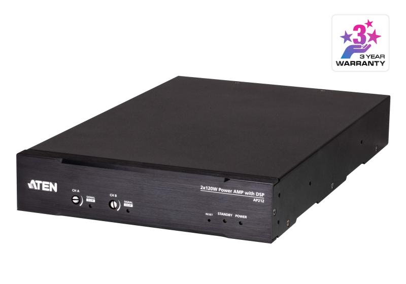 Amplifficator auto ATEN AP212-AT-G. Vârf de putere pe canal: 240 W, Clasa amplificatorului: D, THD, distorsiune armonică totală: 0,1%. Tip de conectivitate difuzoare: Euroblock, Tip conector RS-232: 3-pini. Tip de sursă de curent: AC, Tensiune AC intrare: 100 - 240 V, Frecvență de intrare AC: 50/60