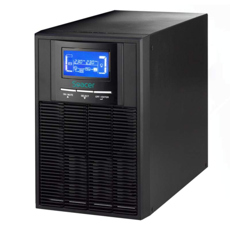 UPS Spacer Online, LCD, 1000VA/ 900W, AVR, sin. pura, 3 x socket Schuko, display LCD, 2 x baterie 12V/9Ah, conector USB, RS-232, EPO, slot SNMP