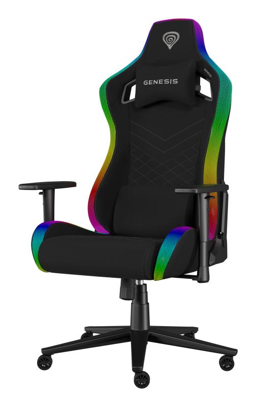 Scaun gaming Genesis TRIT 660, material textil, iluminare RGB, reglabil pe inaltime, greutate maxima suportata 150 kg, inaltime scaun reglabil 45 – 52 cm, spatar ajustabil 160°, dimensiuni roti 60mm, echipat cu piston cu gaz clasa 4, manere 2D, negru - Console & Jocuri