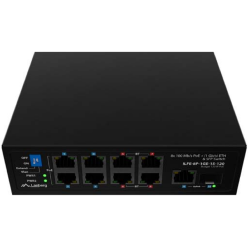 Switch Lanberg ILFE-8P-1GE-1S-120, 1x 1000BASE-T, 1x 1000BASE-X SFP, 4x 100BASE-T 802.3af/802.3at PoE+, 4x 100BASE-T 802.3bt PoE++, maxiumum network link speed 1 Gbps, standarde PoE 802.3at, 802.3af 802.3bt - PC, Periferice & Software