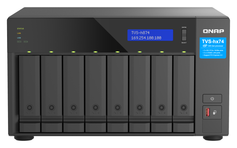 NAS QNAP H874 8-Bay, CPU Intel® Core™ i7 12-core 20-thread Processor, RAM 32GB (2x 16GB) DDR4 SODIMM (Max. 64GB), 8 x 2.5"/3.5" SATA 6Gbps + 2 x M.2 2280 NVMe HDD (neincluse),  LAN: 2 x 2.5GbE (2.5G/1G/100M/10M), Tower, Single PSU, 350W, garantie 3 ani