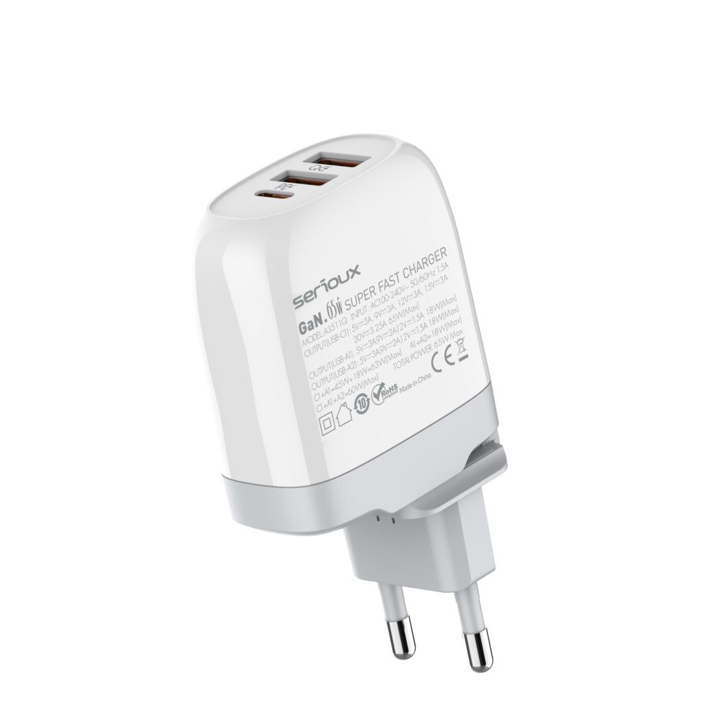 Incarcator retea Serioux 65W GAN QC, Intrare: AC100-240V~ 50/60Hz 1.5A, Ieșire (USB-C1): 5V-3A 9V-3A 12V-3A 15V-3A 20V=3.25A 65W(Max), Ieșire (USB-A1): 5V-3A 9V-2A 12V=1.5A 18W(Max), Ieșire (USB-A2): 5V-3A 9V-2A 12V 1.5A 18W(Max), A1+A2=18W(Max), C1+A1=45W+18W=63W(Max),  C1+A1+A2= 60W(Max), Total