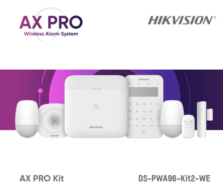 Kit de alarma wireless AX PRO Middle Level DS-PWA96-Kit2-WE contine: 1 x DS-PWA96-M-WE (96 zones wireless control panel), 2 x DS-PDP15P-EG2-WE (PIR motion sensor), 1 x DS-PDMC-EG2-WE (Magnetic Contact), 1 x DS-PK1- LT-WE (Wireless LCD Keypad), 1 x DS-PKF1-WE (Keyfob), 1 x DS-PS1-I-WE (Internal - Centrale si tastaturi