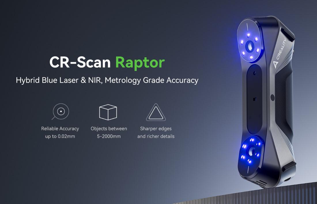CREALITY 3D SCANNER CR-SCAN RAPTOR, mod scanare: Blue Light(Blue 7-line laser) / NIR(infrared binocular structured light), Acuratete: 0.02mm @ 100mm, Rezolutie: 0.02-2mm, Viteza scanare: pana la  60fps, volum minim scanare: 5mm x 5mm x 5mm, Raza single capture: 270mmx170mm@300mm, Distanta scanare
