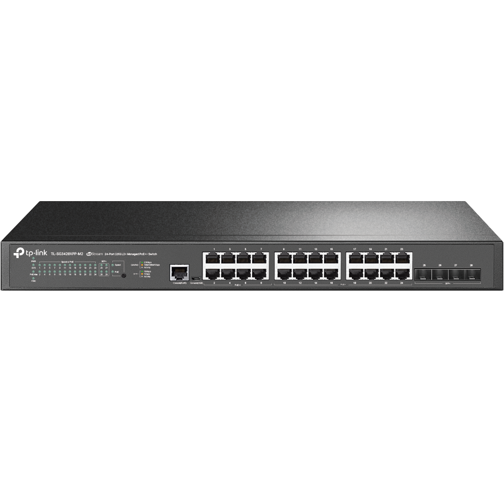"JetStream™ 24-Port 2.5GBASE-T and 4-Port 10GE SFP+ L2+ Managed Switch with 16-Port PoE+ & 8-Port PoE++ PORT: 24× 2.5G RJ45 Ports (8× 2.5G PoE++ Ports & 16× 2.5G PoE+ Ports), 4× 10G SFP+ Slots, RJ45/Micro-USB Console Port SPEC: 802.3bt/at/af, 500 W PoE Power, 1U 19-inch Rack-mountable Steel Case
