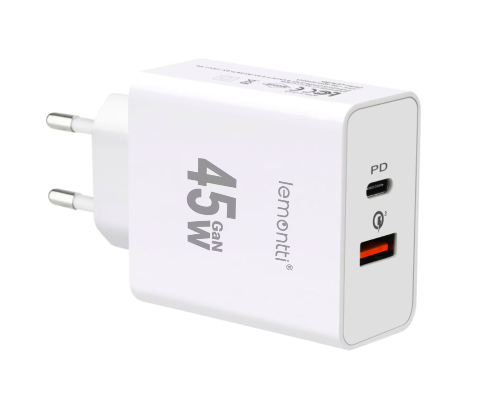 Lemontti Incarcator Retea GaN Fast Charge 45W 1 x PD Type-C + 1 x USB-A Quick Charge 3.0 Alb - Cabluri periferice