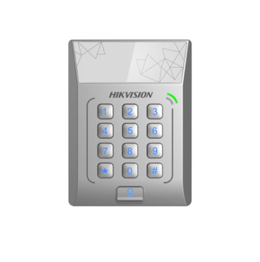 Cititor standalone cu tastatura si card de proximitate Hikvision DS- K1T801E; suporta cartele EM 125Khz; Capacitate 3000 cartele,Autentificare: card sau card si parola; Intrari: buton de iesire x1,contact de usa x 1; Iesiri: sonerie x1, incuietoare electrica x 1;Alimentare: DC 12V/1A; Dimensiuni - Control acces