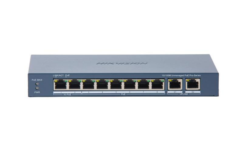 Switch PoE Hikvision DS-3E0310HP-E(C): 8 × 10/100 Mbps PoE port,2 × Gigabit RJ45 port, 16 porturi PoE maxim 30W, buget PoE 130W, tensiune alimentare: 54 VDC, 2.22 A., dimensiuni: 217.6 mm × 27.6 mm × 108.5 mm, greutate: 1.27kg, montare pe birou. - Securitate