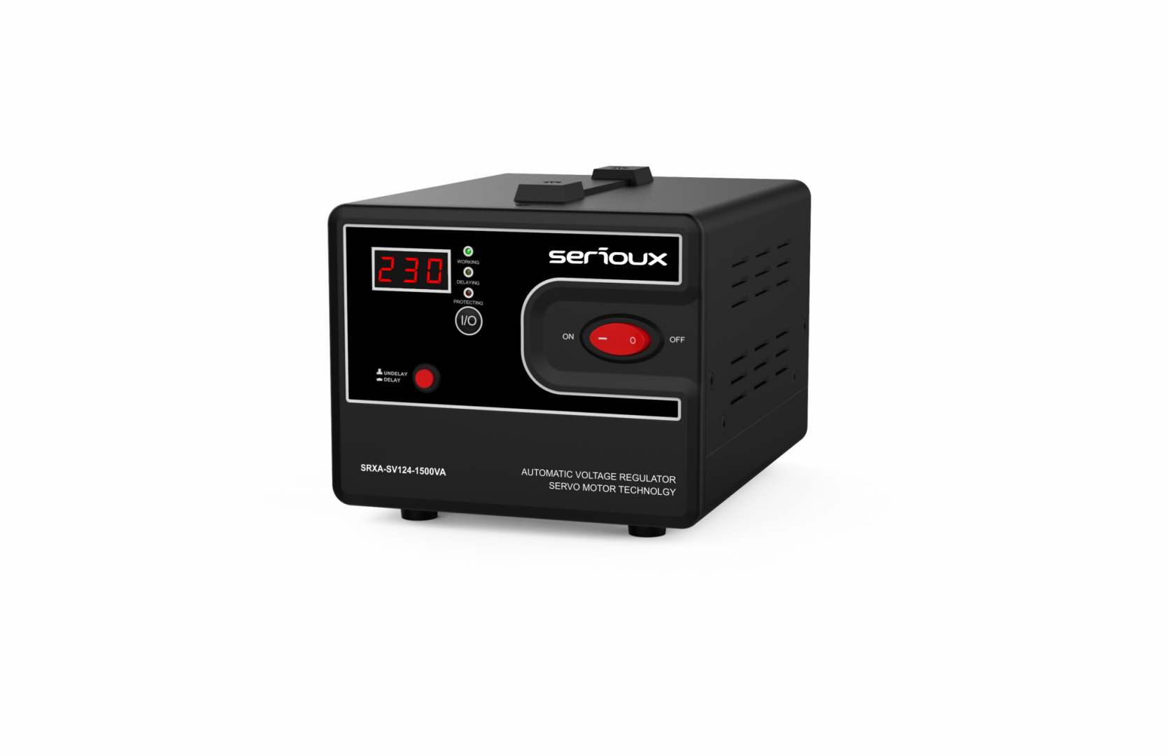 Stabilizator de tensiune Serioux Servo 124-1500VA, putere 1500VA/900W, tip servo motor, transformator toroidal+ Servo motor, interval tensiune intrare 150V ~ 260V, interval frecvența intrare 45Hz ~ 65Hz, tensiune de ieșire 230V, precizie de ieșire ±3%, prize: 2x Schuko, distorsiuni  <3%, eficienţă