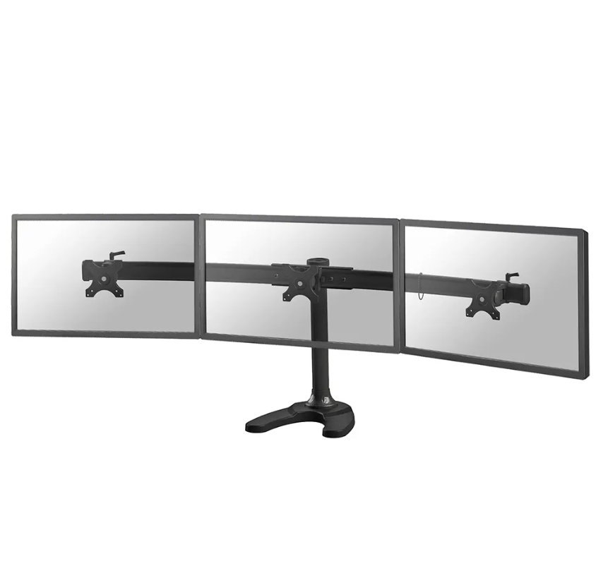 Suport triplu monitor de birou Neomounts FPMA-D700DD3; pentru display- uri cu diagonale 10″-27″, sistem de prindere VESA 75×75~100×100, greutate maxima suportata 8kg – per ecran, swivel +45°, rotate +360°; inaltime reglabila manual 340-450mm; culoare negru. Garantie 5 ani - Suporturi TV / Monitor