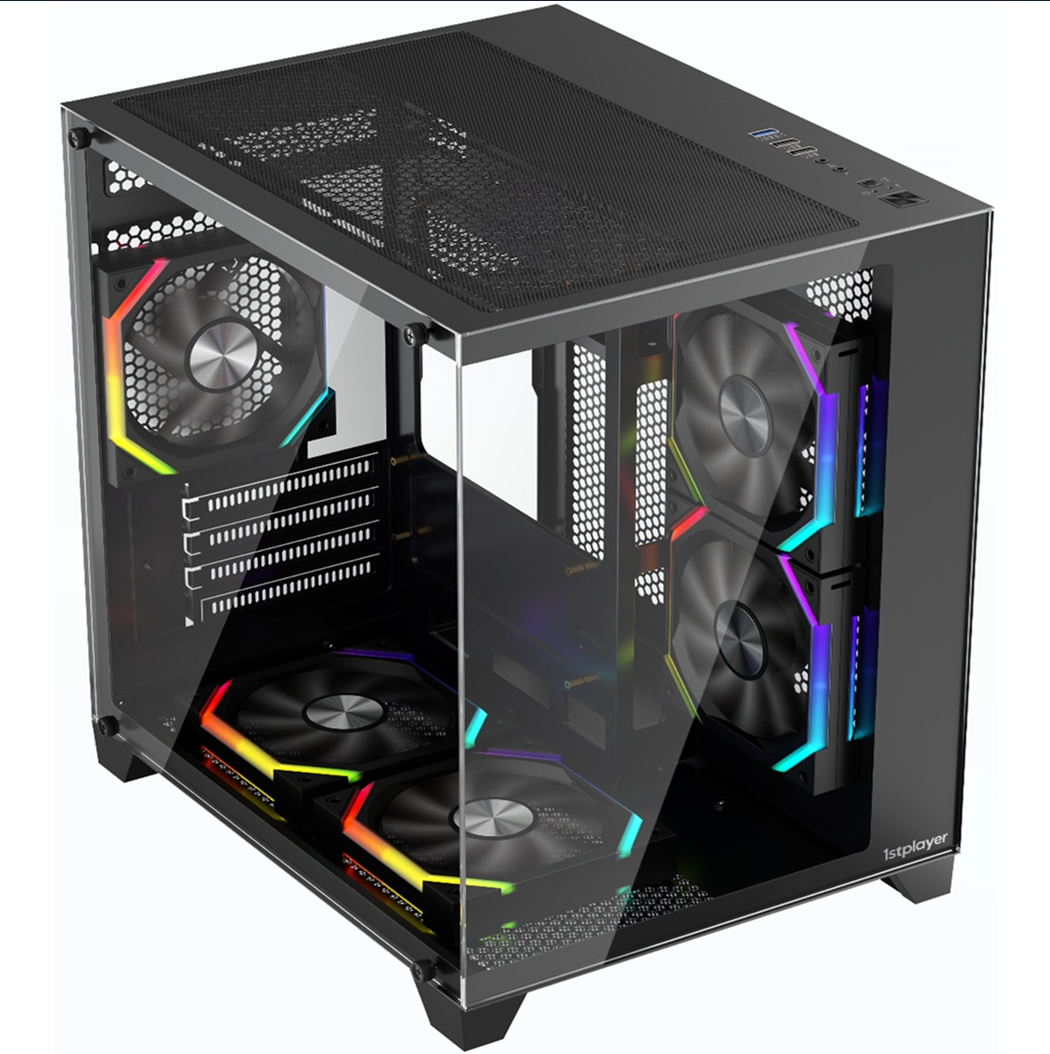 Carcasa 1stPLAYER® Gaming BV5-bk, 5 ventilatoare aRGB plus PWM, Micro-ATX, telecomanda, negru - Carcase
