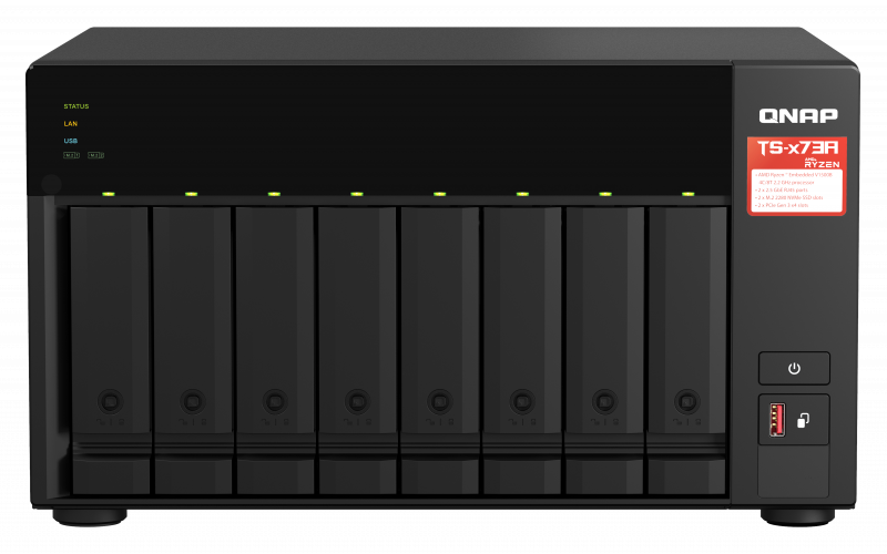 NAS QNAP 873A 8-Bay, CPU AMD Ryzen V1000 series V1500B 4C/8T 2.2GHz, RAM 8GB (1x 8GB) DDR4 (2 x SODIMM slots, max. 64GB, suport optional ECC RAM), 8x 2.5/3.5 SATA 6Gbps, 2x M.2 2280 NVMe PCIe Gen3 x1 HDD (neincluse), LAN: 2 x 2.5GbE (optional port 10GbE prin placa PCIe), tower, single PSU, 250W