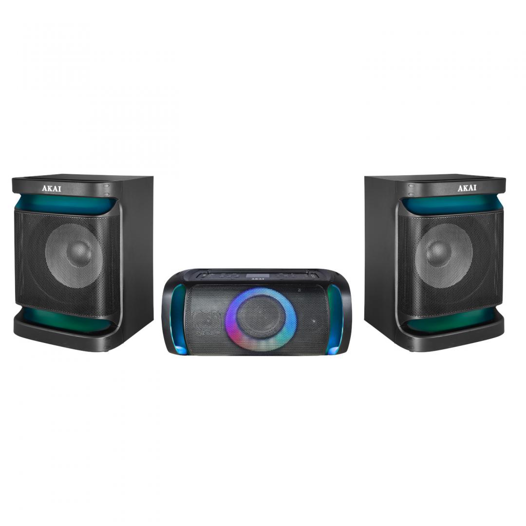 Sistem audio Akai Dual Speaker MX5, versiune BT 5.3, tip baterie Li-ion 2400mAh, voltaj baterie 12V, putere RMS 200W, format audio suportat MP3/WMA, timp de incarcare 2 ore, autonomie baterie 2-3 ore, frecventa raspuns 30HZ-20KHz, impendanta 4 ohm, ratie S/N 78dB, include un micrifon fara fir, negru - Home Cinema & Audio