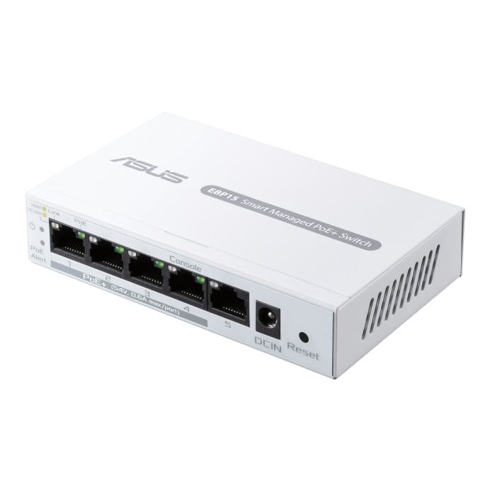 Asus EBP15 Switch 5 Porturi GBE, Smart managed, POE, Standarde retea: IEEE 802.1p, IEEE 802.1q, IEEE 802.3ab, IEEE 802.3af, IEEE 802.3at, IEEE 802.3i, IEEE 802.3u, IEEE 802.3x, IPv4, Interfata 5 x 10/100/1000Mbps, Buget POE: 60w, Securitate: SSL/TLS. - PC, Periferice & Software