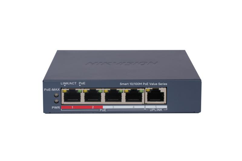 Switch PoE Hikvision DS-3E1105P-EI/M(V2), 4 × 10/100 Mbps PoE port,1 × 10/100 Mbps RJ45 port, Total PoE Power Budget 45W, Support 802.1Q VLAN, capacitate: 1.2 Gbps, alimentare: 54VDC, 0.92A, dimensiuni: 121.1 mm × 27.6 mm × 83.1 mm, greutate: 0.26kg. - Securitate
