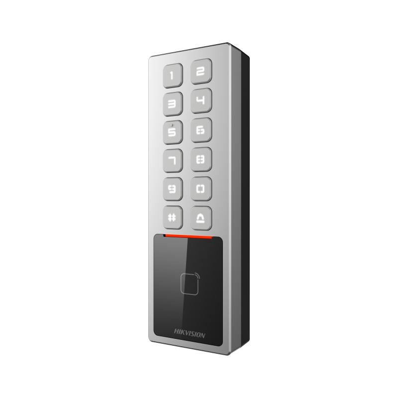 Cititor de proximitate cu tastatura Hikvision DS-K1T805MBWX, M1 card, RS-485 and Wiegand (W26, W34), network interface, Wi-Fi, alimentare: 12 VDC/1 A, protectie: IP65, IK08, dimensiunii: 57.7 mm × 177 mm × 34.6 mm. - Control acces
