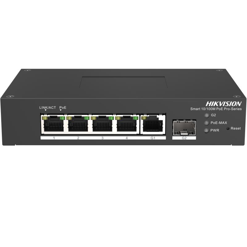 Switch PoE Hikvision DS-3T1306P-SI/HS: 4 × 10/100 Mbps PoE port,1 × Gigabit RJ45 port,1 × Gigabit fiber optical port, PoE: Ports 1 to 4 maxim 30W, buget PoE 60W, tensiune alimentare: 48VDC, 1.36A, dimensiuni: 158.00 mm × 101.20 mm × 31.60 mm, greutate: 1kg, montare pe birou sau sina.