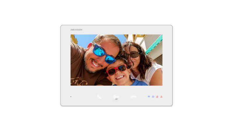 Monitor videointerfon color Hikvision DS-KH7300EY-WTE2/White, 7-inch, rezolutie: 1024 × 600, Colorful TFT, 3 butoane, alarm 1, Wi-Fi 2.4 GHz, IEEE802.11b, IEEE802.11g, IEEE802.11n alimentare: IEEE802.3af, Standard PoE, dimensiuni: 190.2 mm × 138.2 mm × 20 mm, temperatura de functionare: -10 °C to 50 - Securitate