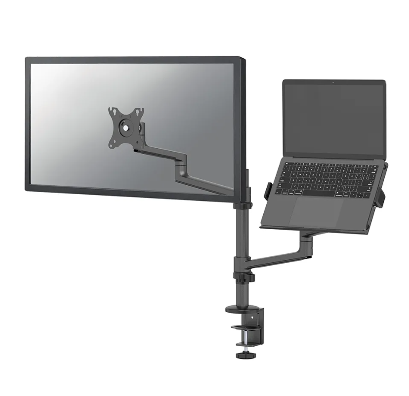 Suport dublu laptop de birou Neomounts DS20-425BL2; pentru display-uri cu diagonale 17"-27", sistem de prindere VESA 75x75~100x100, greutate maxima suportata 8kg, tilt +90°, -30°, swivel 90°, rotate 360°, distanta fata de perete 162-494mm; inaltime reglabila manual 275-555mm; culoare negru. Garantie