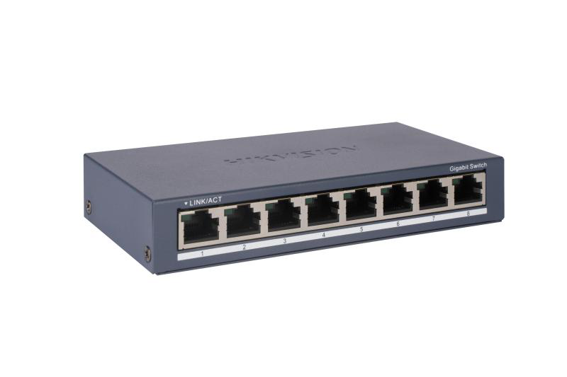Switch Hikvision DS-3E0508-O: 8 × Gigabit RJ45 port maxim 3W, tensiune alimentare: 5VDC, 0.6A, dimensiuni: 145.00 mm × 25.60 mm × 68.45 mm, greutate: 0.24kg, montare pe birou sau pe perete. - PC, Periferice & Software