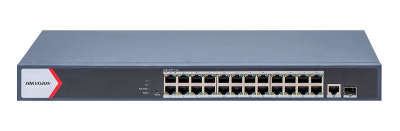 Switch PoE Hikvision SWITCH 24+2 GIGABIT POE: 24 × Gigabit PoE port,1 × Gigabit RJ45 port,1 × Gigabit fiber optical port, standard: IEEE 802.3af,IEEE 802.3at, buget PoE 370W, tensiune alimentara: 100~240 V AC, 50/60 Hz, Max. 6.3 A, dimensiuni: 440.0 mm × 220.8 mm × 44.0 mm, greutate: 3.1kg.