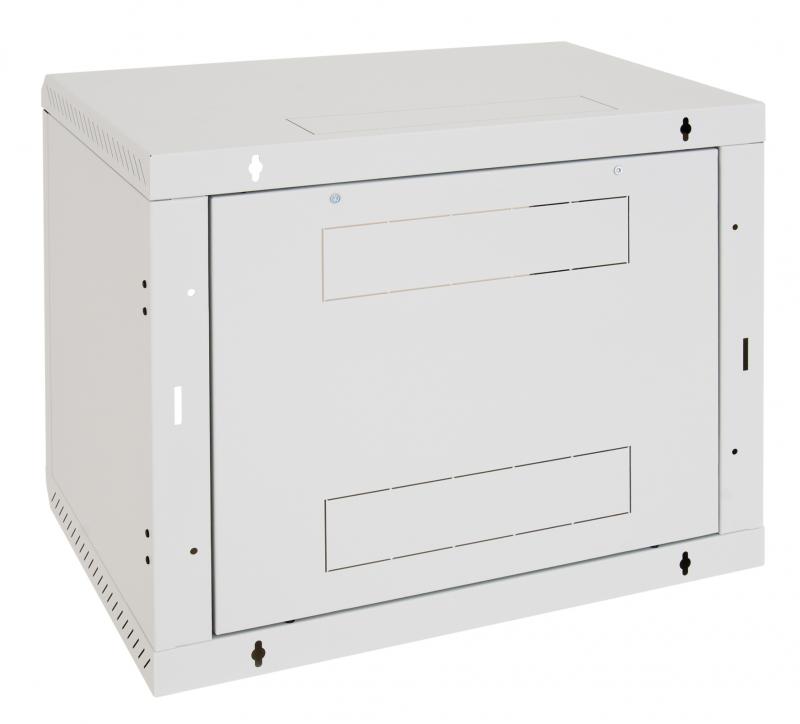Rack de perete Triton sectiune simpla 6U 500mm adancime usa sticla panouri laterale fixe sectiuni ventilatie activa, sectiuni acces cabluri sus/jos/spate securizare cu cheie, 1 pereche montanti reglabili IP30 gri - Cabinete metalice