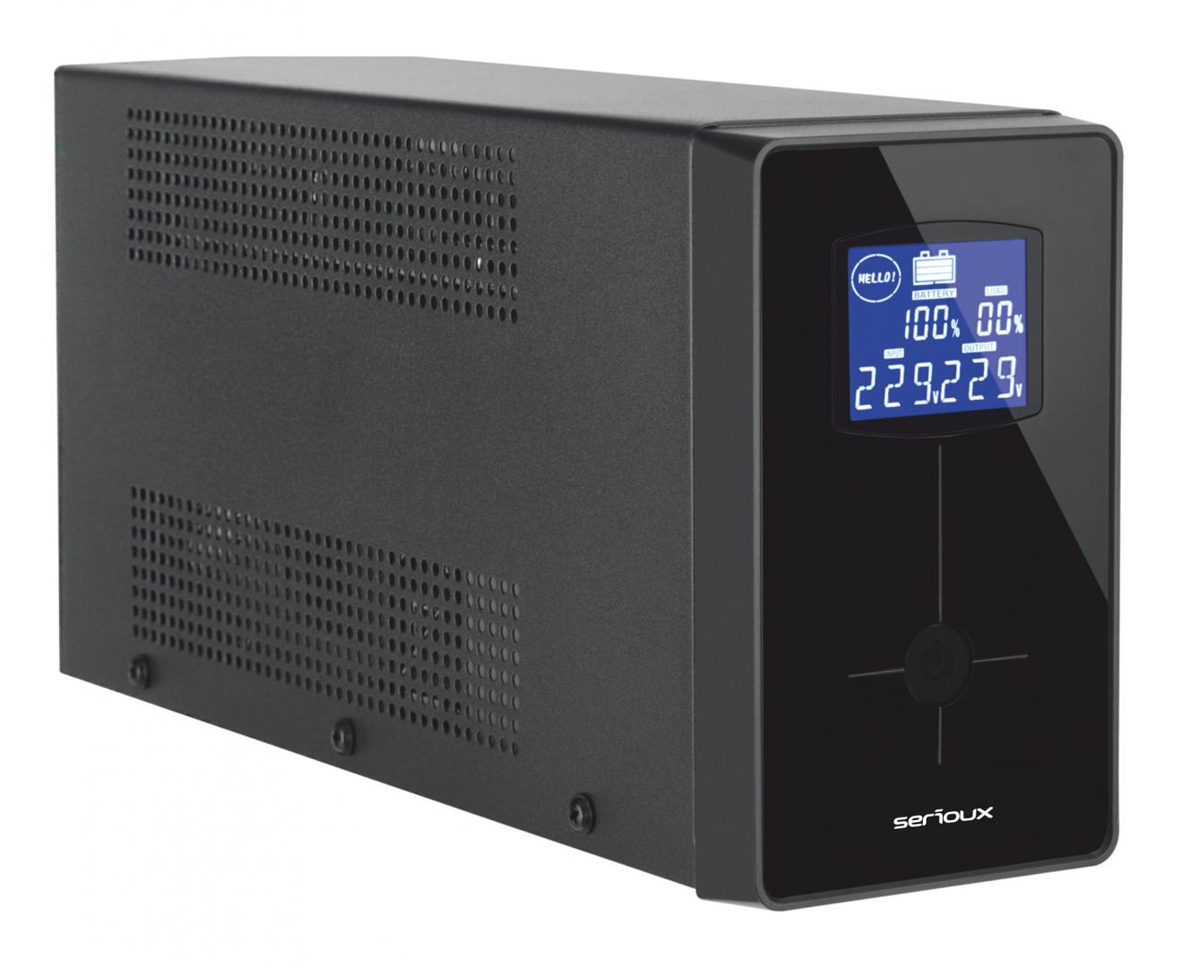 UPS Serioux Line Interactive 2000LI, ecran LCD, capacitate 2000VA/1200W, 4 prize Schuko , baterie 12 V / 9.0 Ah × 2, timp mediu de functionare pe baterii 5 min – 50% sarcina, management USB/RJ45, software inclus - Servere, Componente & UPS