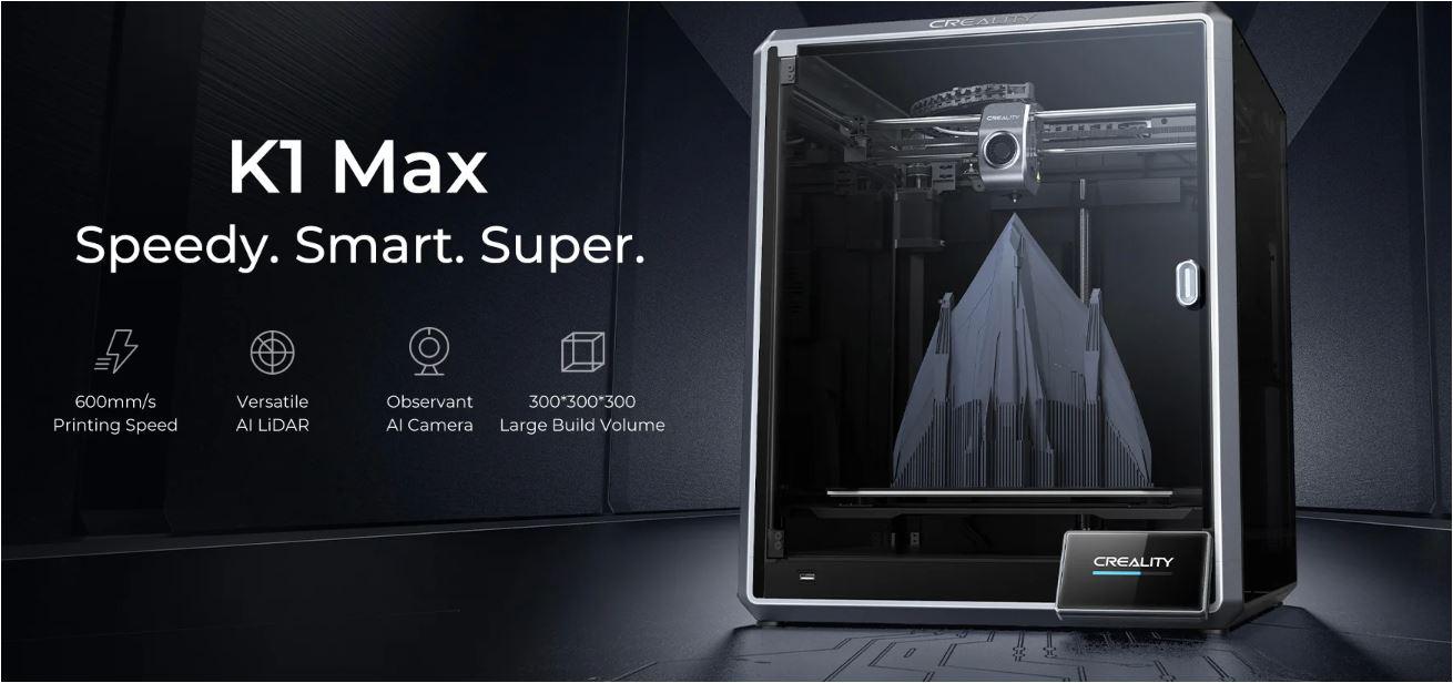 Imprimanta 3D Creality K1 MAX, Tehnologie FDM, viteza printare 600mm/s, Precizie 100 +/-0.1mm, Diametru filament: 1.75mm, tip filament compatibil: ABS/PLA/PETG/PET/TPU/PA/ABS/ASA/PC/PLA-CF/PA-CF/PET-CF, Transfer fisier: USB drive,WIFI temperatura duza:300 C, Format fisier: G-code,Software: Creality