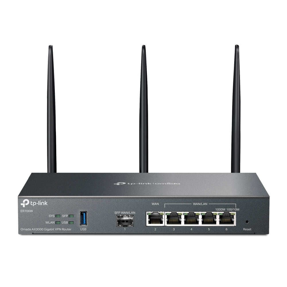 „Omada AX3000 Wi-Fi 6 Gigabit VPN Router PORT: 1× Gigabit SFP WAN/LAN Port, 1× Gigabit RJ45 WAN Port, 4× Gigabit WAN/LAN RJ45 Ports, 1× USB 3.0 SPEED: 574Mbps at 2.4 GHz + 2402 Mbps at 5 GHz (HE160) FEATURE: Integration with Omada SDN Controller, Support SSL VPN, OpenVPN and Wireguard/ IPsec/ PPTP/ - PC, Periferice & Software