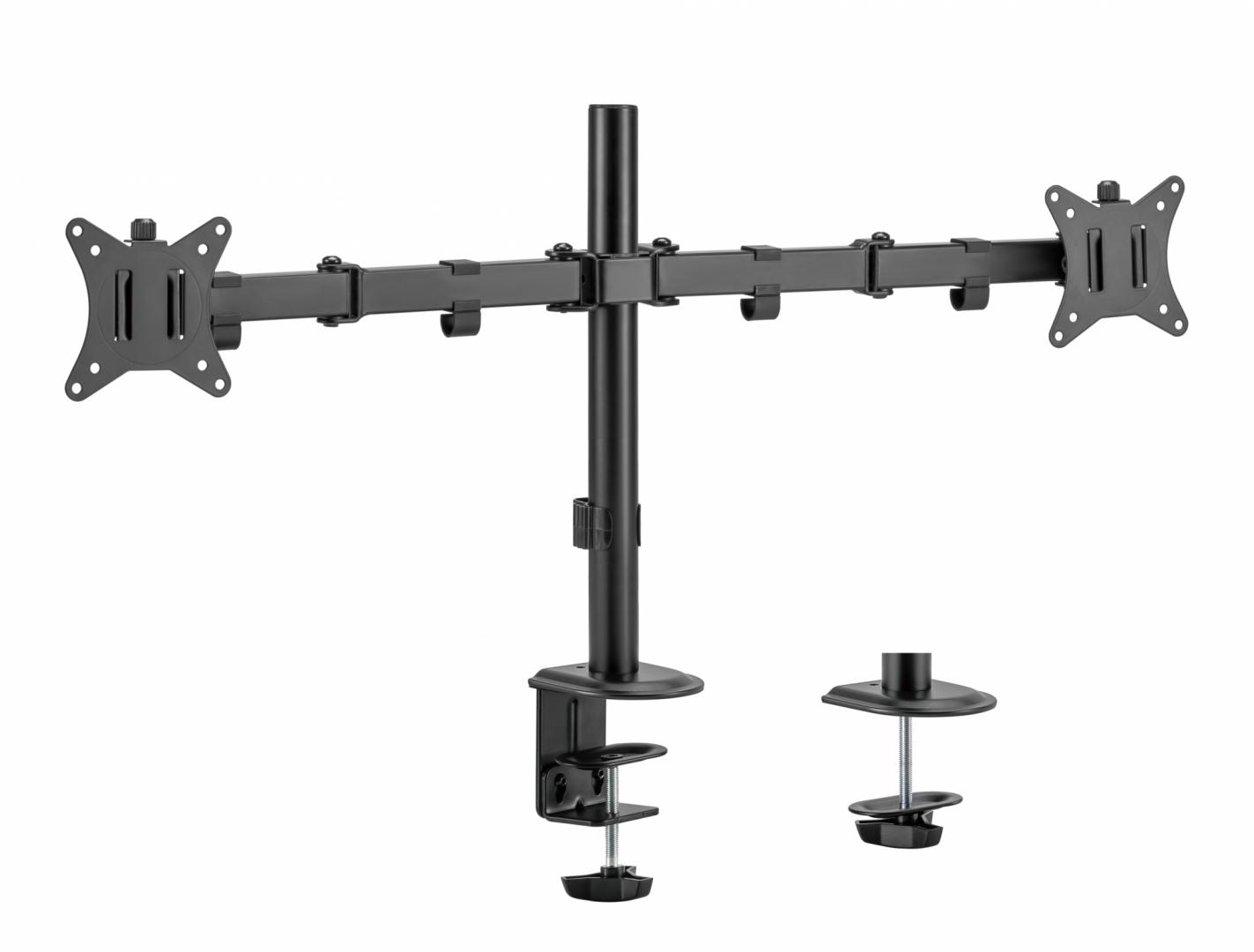 Suport 2 monitoare SeriouxMM66-C024, brat articulat monitor, compatibilitate dimensiune ecran 17″-32″, greutate maximă suportata: (per ecran): 9kg, VESA: 75×75, 100×100, inclinare: +45°~-45°, pivotare: +90°~-90°, rotația ecranului: + 180°~-180°, instalare: clemă, grommet - Suporturi TV / Monitor