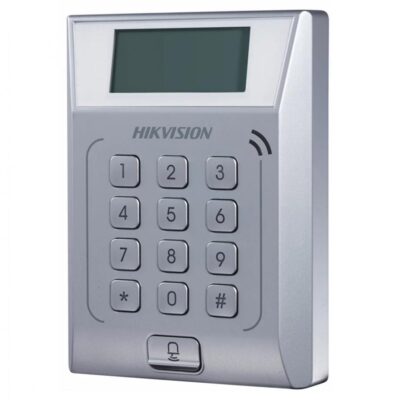 Cititor standalone cu tastatura si card proximitate Hkvision DS-K1T802M, suporta cartele MIFAE, capacitate 3000 carduri si 10000 evenimente, autentificare: card, card si parola,display 128×64, Exit Button × 1, Door Sensor × 1, Doorbell × 1, E-lock Output × 1 - Centrale control acces
