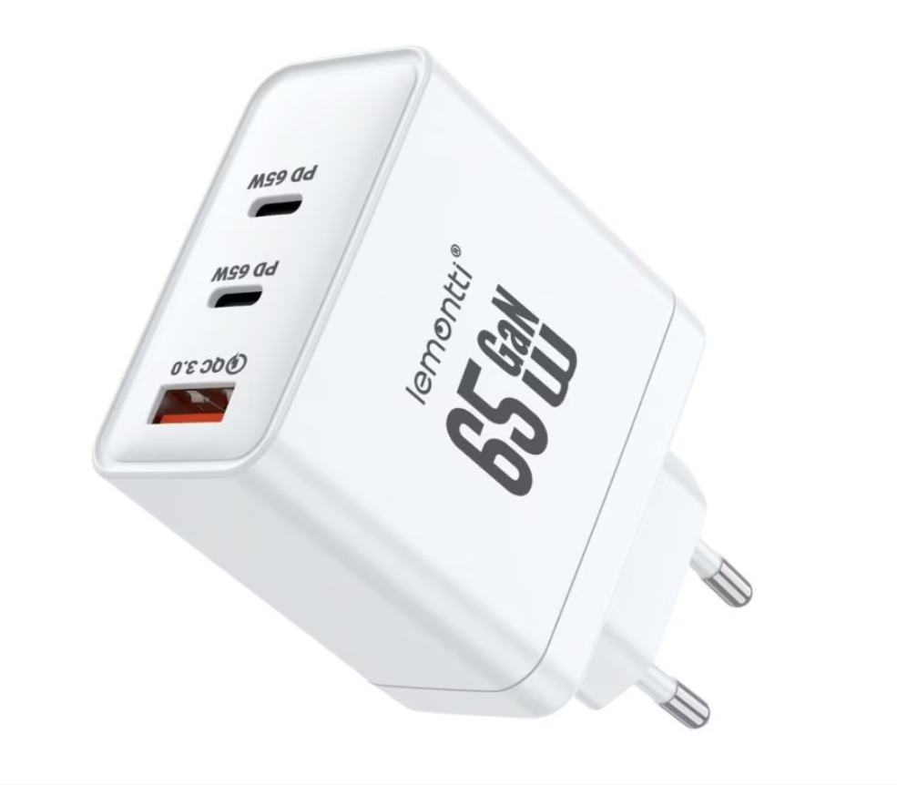Lemontti Incarcator Retea GaN 2x Type-C si 1x USB-A, 65W, Fast Charge, EU Plug, Alb - Cabluri periferice