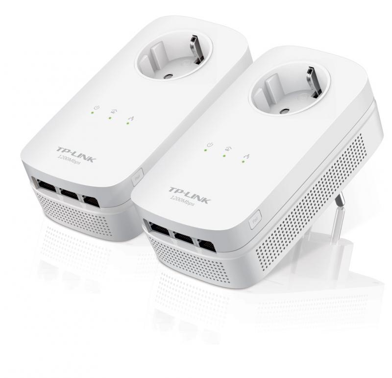 Tp-link AV1200 3-Port Gigabit Passthrough Powerline Starter Kit, 1200Mbps Powerline Datarate, Line-Neutral/Line-Ground 2*2 MIMO, 3 Gigabit Ethernet ports, HomePlug AV2, Green Powerline,  Plug and Play, Twin Pack - Adaptoare PowerLAN
