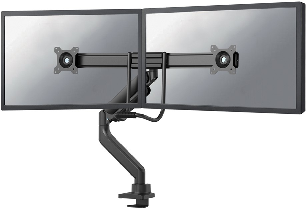 Brat dublu pentru monitor Neomounts, tip full motion, pentru display-uri cu diagonale 17"-32", sistem de prindere VESA 75x75~100x100mm, greutate maxima suportata 8kg per ecran, tilt  +10°, -10°, swivel +90°, -90°, rotate +180°, -180°, reglabil pe inaltime 28cm, ajustarea latimii 54cm, ajustarea