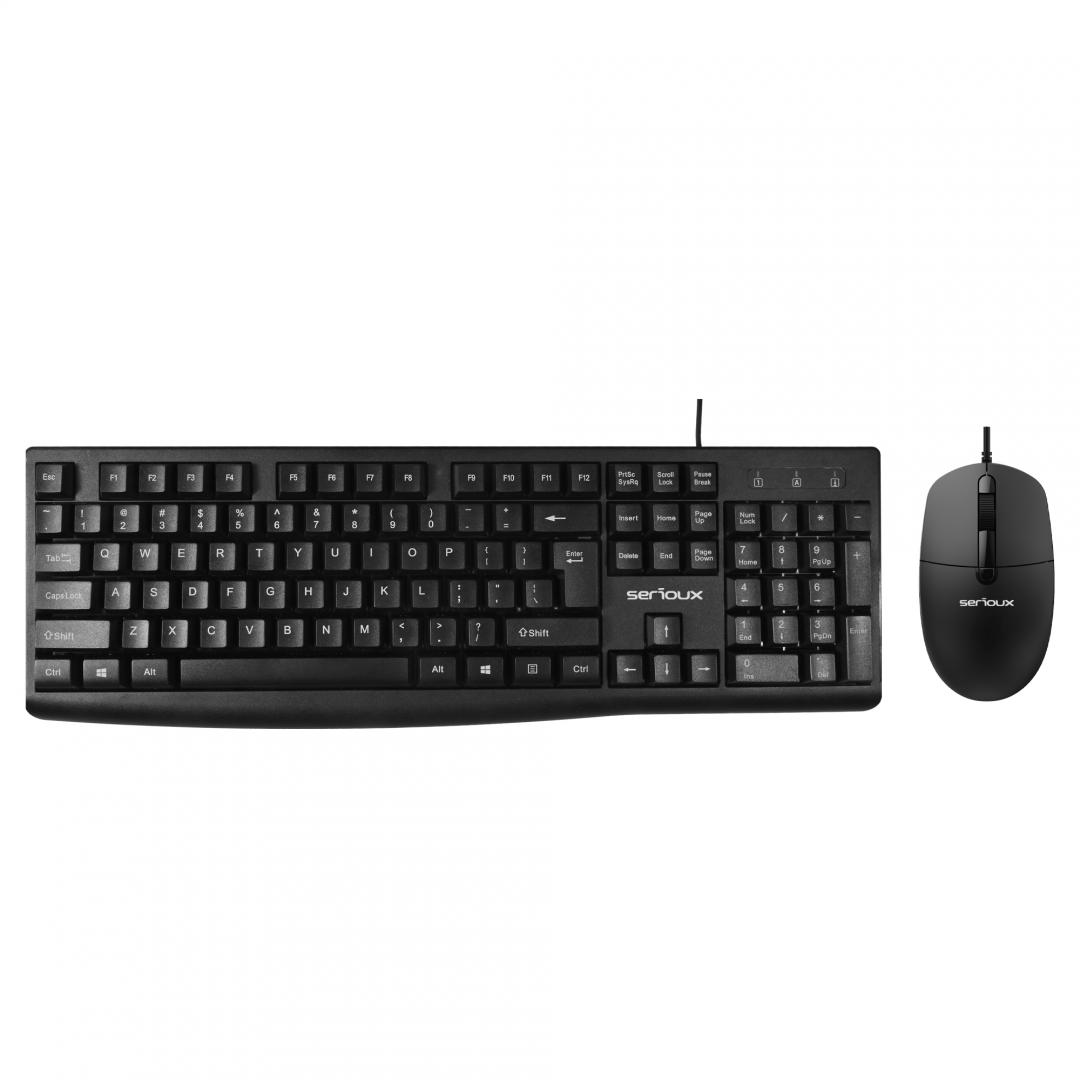 Kit Serioux cu fir, Tastatura: interfata USB, 104 taste, material ABS, US layout, lungime cablu 1.5m PVC,  dimensiuni 440*159*25mm, negru, Mouse: interfata USB, 4 butoane, polling rate 125 Hz, rezolutie DPI 1000, lungime cablu 1.5m PVC, dimensiuni 109*61*37mm, negru