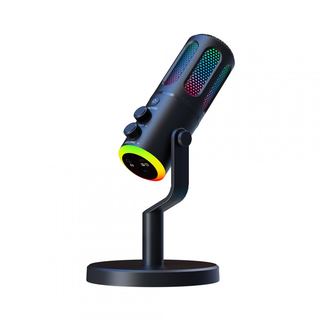 Microfon Gaming de birou Serioux SU8, condenser, unidirectional, frecventa raspuns 20-20KHz, sensibilitate maxima -11DBFS la 80 dB SPL, rata de esantionare 48KHz, rata de biti 16/24bit, raport semnal zgomot 75dB, interfata 3.5mm si USB-C, putere intrare 5V, 200mA, greutate 325g, iluminare RGB - Microfoane