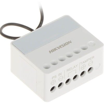 Modul releu AXPRO Hikvision DS-PM1-O1L-WE, 1 x NO/NC (0~36 V DC, Max 5 A), comunicare 868 MHz two-way wireless, criptare AES-128, distanta de comunicare RF: 1800m, in camp deschis, 1x buton invatare( pentru inregistrare), 3 x Led stare: Register/Signal (Green/Red), Power (Green), Relay Status - Centrale si tastaturi