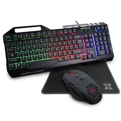 Kit Gaming Serioux Tobis 3 in 1, Tastatura de gaming, 104 taste, 7 taste Anti-ghosting, design slim, iluminare rainbow, structura metalica + taste negre, suport telefon, cablu USB 1.5M PVC, plug and play; Mouse gaming, senzor Sunplus 192, 1000-6400 DPI, switch HUANO, pana la 20 milioane de - Kit mouse tastatura