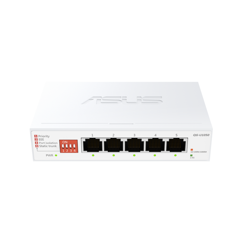ASUS QG-U1050. Switch type: Unmanaged. Basic switching RJ-45 Ethernet ports type: 2.5G Ethernet (100/1000/2500), Basic switching RJ-45 Ethernet ports quantity: 5. MAC address table: 16000 entries. Networking standards: IEEE 802.3ab, IEEE 802.3az, IEEE 802.3bz, IEEE 802.3u, IEEE 802.3x. DC input