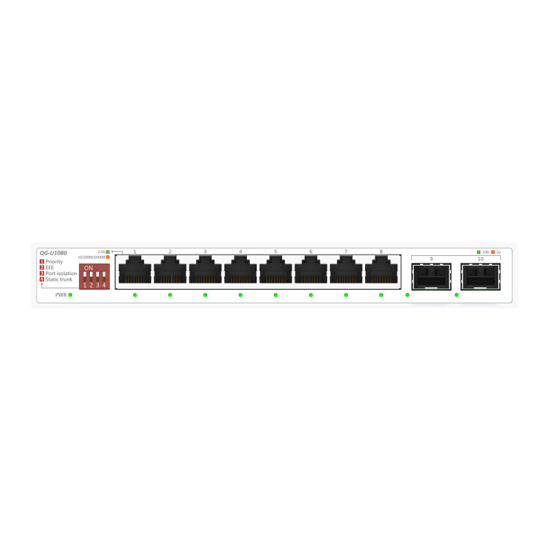 ASUS QG-U1080. Switch type: Unmanaged. Basic switching RJ-45 Ethernet ports type: 2.5G Ethernet (100/1000/2500), Basic switching RJ-45 Ethernet ports quantity: 8. MAC address table: 16000 entries. Networking standards: IEEE 802.3ab, IEEE 802.3bz, IEEE 802.3u, IEEE 802.3x, IEEE 802.3az. DC input