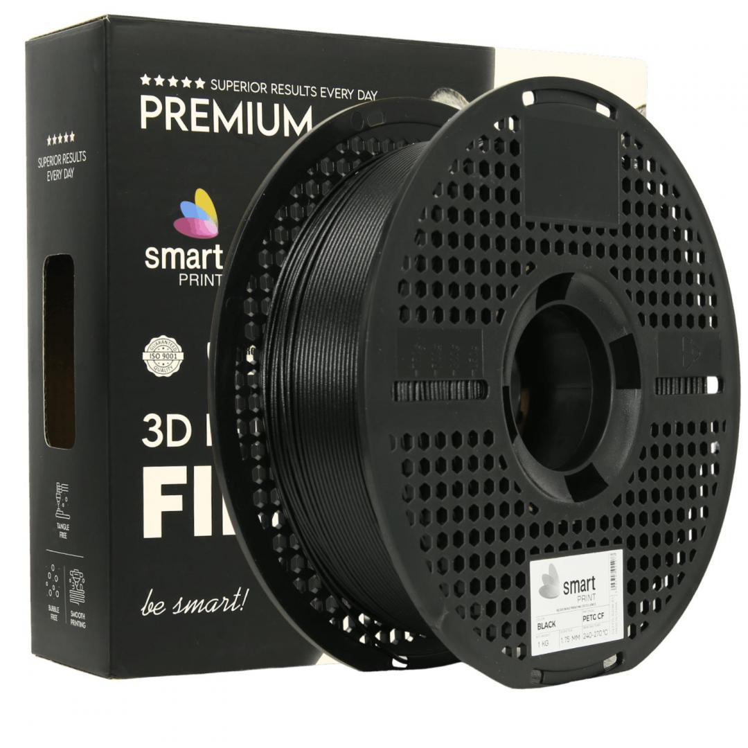 SMART PRINT 3D FILAMENT 1KG PETG+CF BLACK, continut de fibra de carbon, reztenta la deformare, rezistenta la caldura sporita, recomandare utilizare impreuna cu imprimanta cu incinta inchisa. Diametru: 1.75mm, Greutate: 1kg, Temperatura duza: 255C - 270C, Temperatura platforma printare: 80C - 90C.