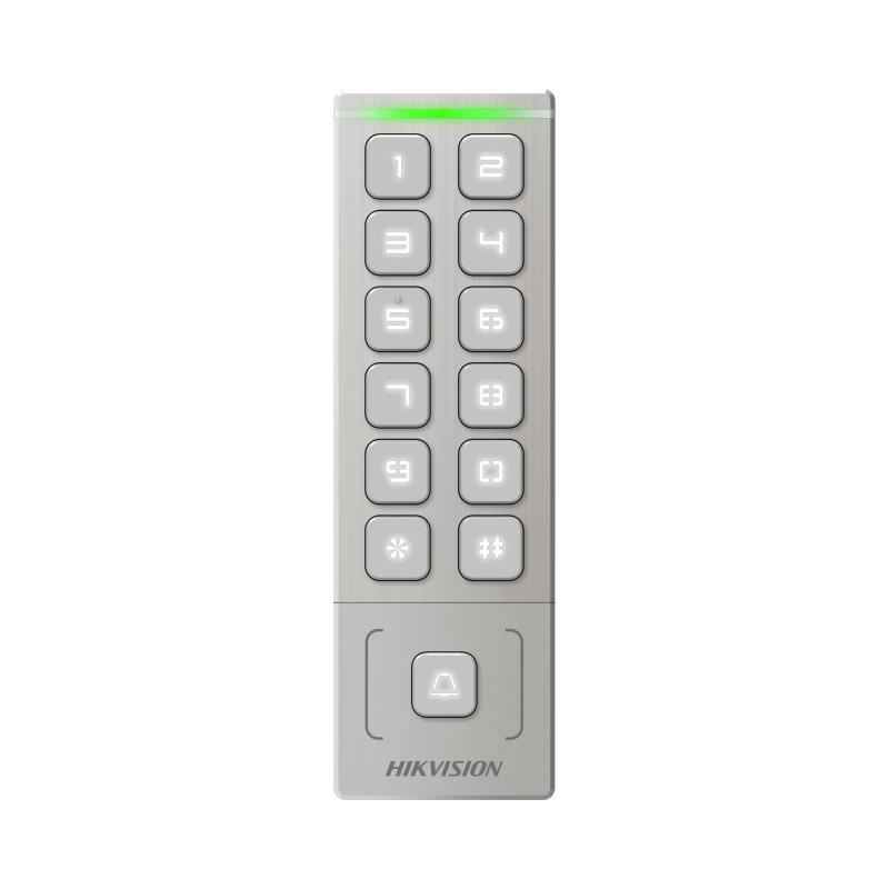 Cititor de proximitate cu tastatura Hikvision DS-K1T809MX, card sau PIN, maxim 1000 carduri si 1000 useri, cititor pentru carduri M1 incorporat, Wiegand out, supports Wiegand 26/34, alimentare: 12 VDC, 1 A,  protectie: IP65, dimensiunii: 151 mm × 48 mm × 21.5 mm, montare aparenta.