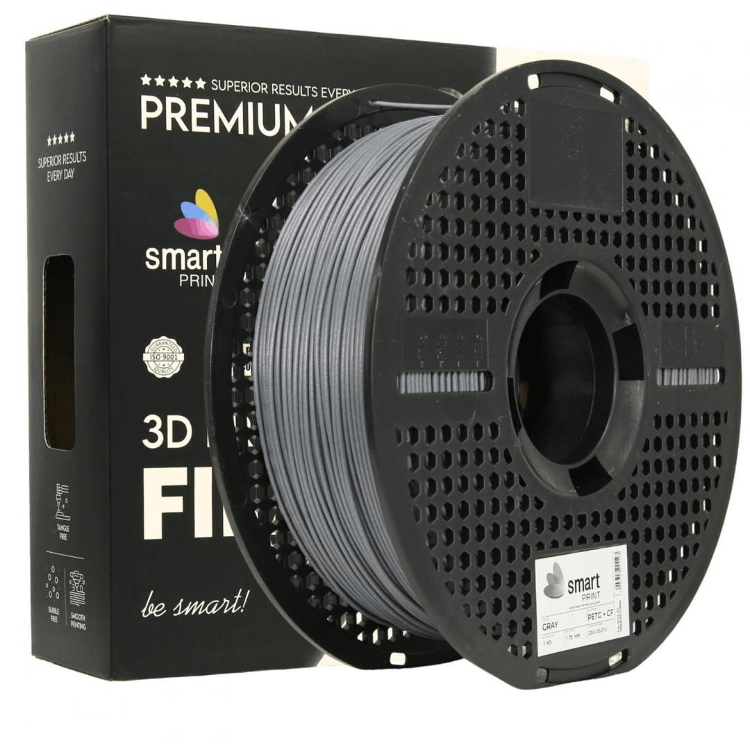 SMART PRINT 3D FILAMENT 1KG PETG+CF GRAY, continut de fibra de carbon, reztenta la deformare, rezistenta la caldura sporita, recomandare utilizare impreuna cu imprimanta cu incinta inchisa. Diametru: 1.75mm, Greutate: 1kg, Temperatura duza: 255C - 270C, Temperatura platforma printare: 80C - 90C.